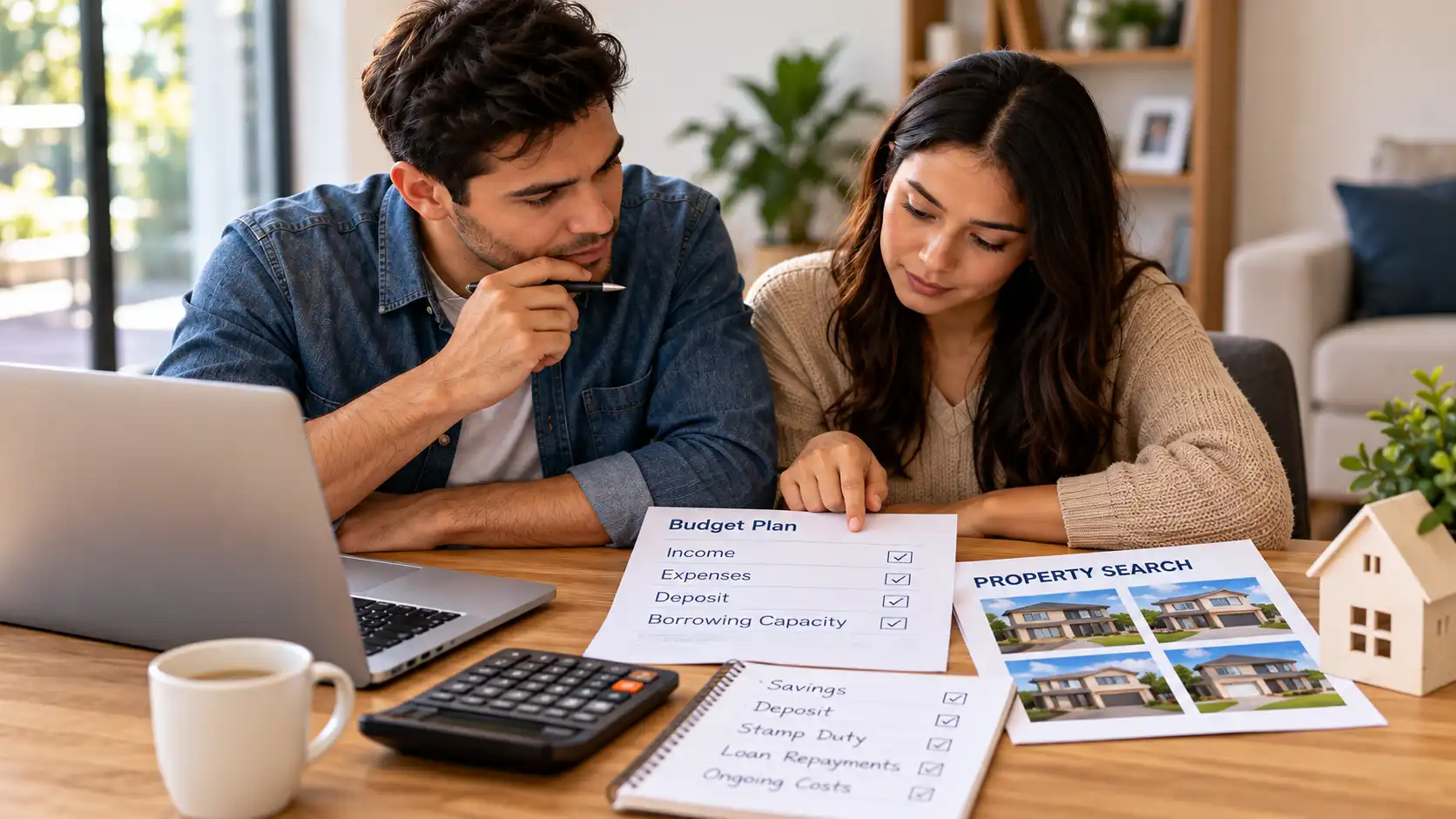 First home buyer couple reviewing their budget, deposit and borrowing capacity before starting their property search in Australia