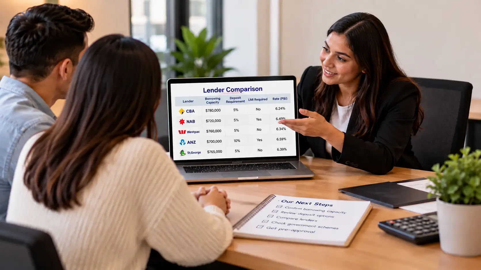 First home buyer couple reviewing their budget, deposit and borrowing capacity before starting their property search in Australia