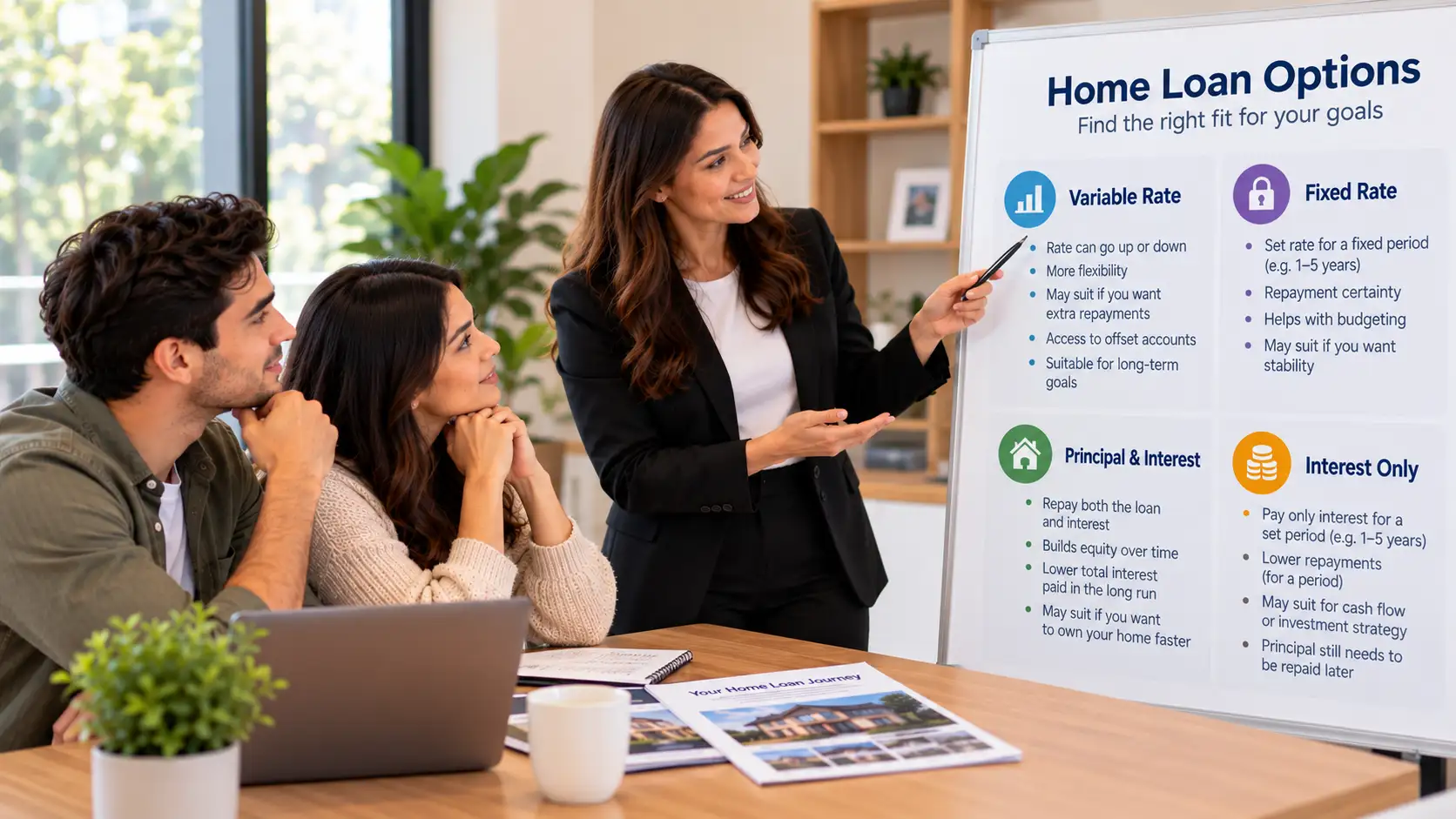 Mortgage broker explaining variable, fixed, principal and interest, and interest-only home loan options to first home buyers in Australia
