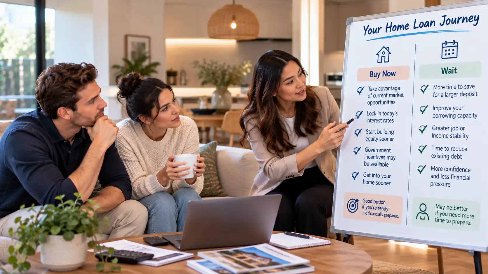 First home buyers discussing whether to buy now or wait based on market timing, savings and personal financial readiness
