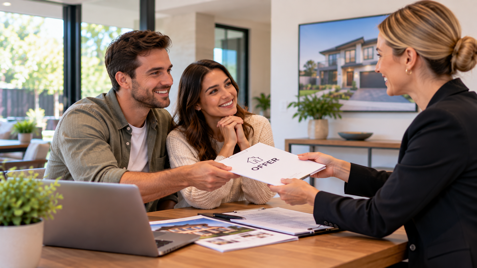 First home buyer couple presenting an offer to a real estate agent after finding a property in Australia