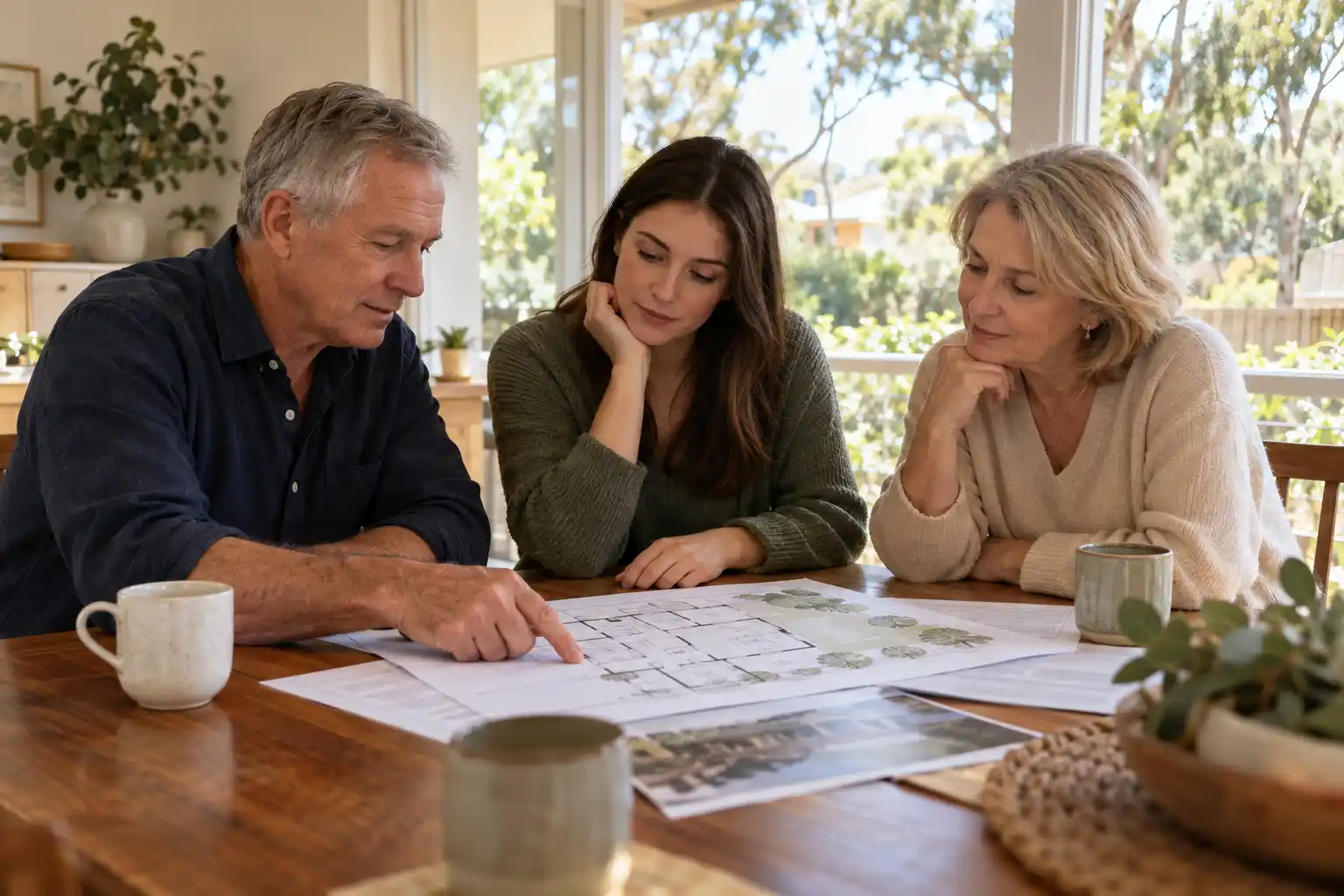 Parents and their adult daughter discussing a guarantor home loan and house plans at home
