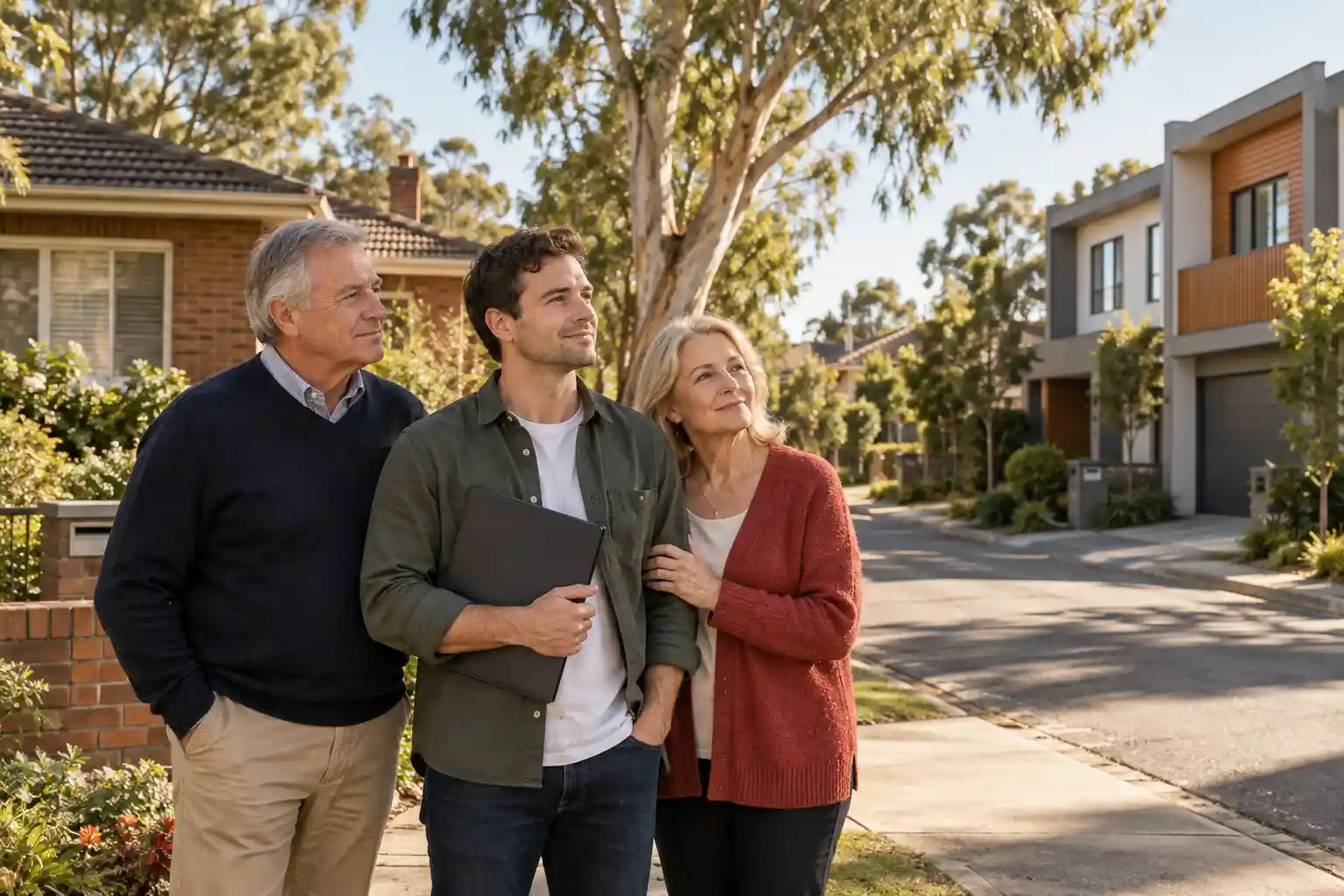 Australian parents supporting their adult son with a guarantor home loan between their family home and his first townhouse