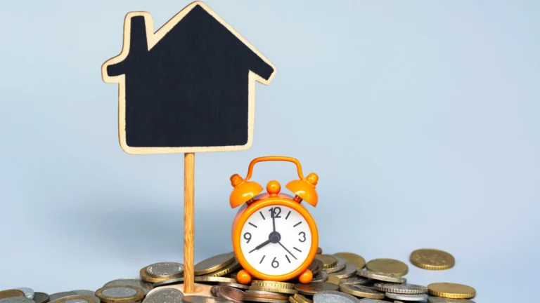 Reverse mortgage concept with house icon, alarm clock and coins