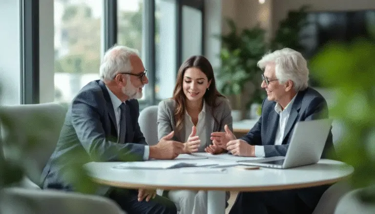 Financial advisor meeting with clients to discuss SMSF property loan options at Triple O Finance.