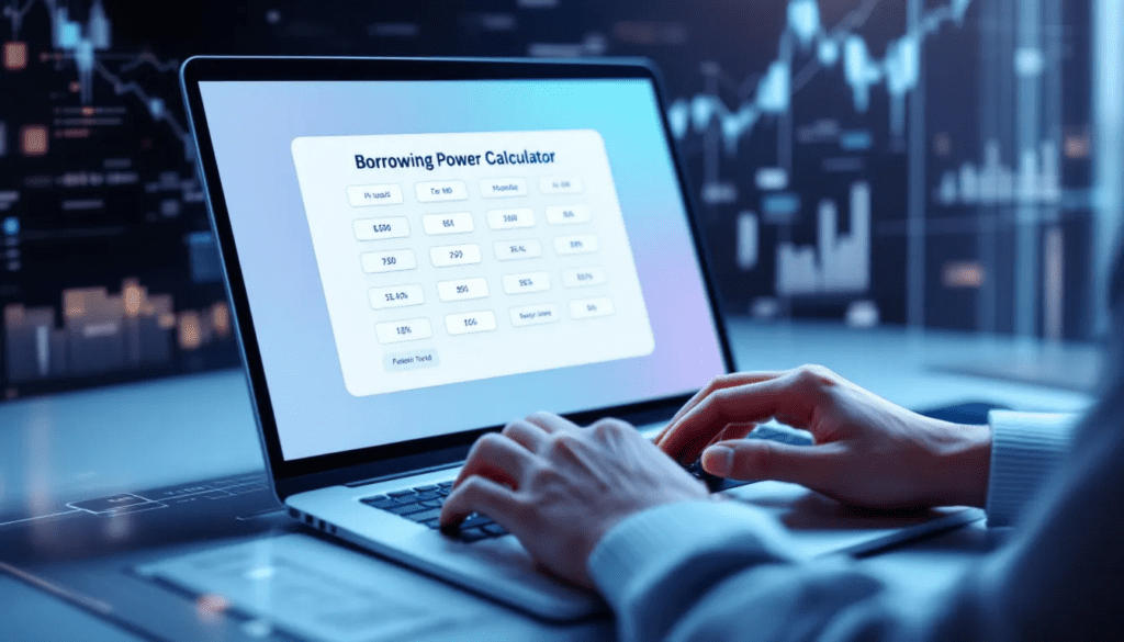 A person using a borrowing power calculator on a laptop screen with financial graphs in the background.