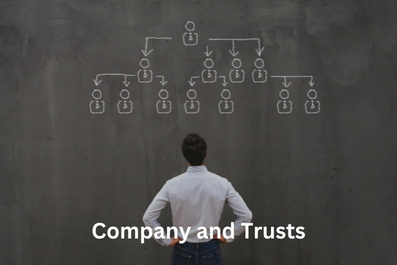 Man analyzing company and trust structure drawn on a blackboard.