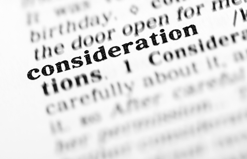 Close-up of the word "consideration" in a dictionary