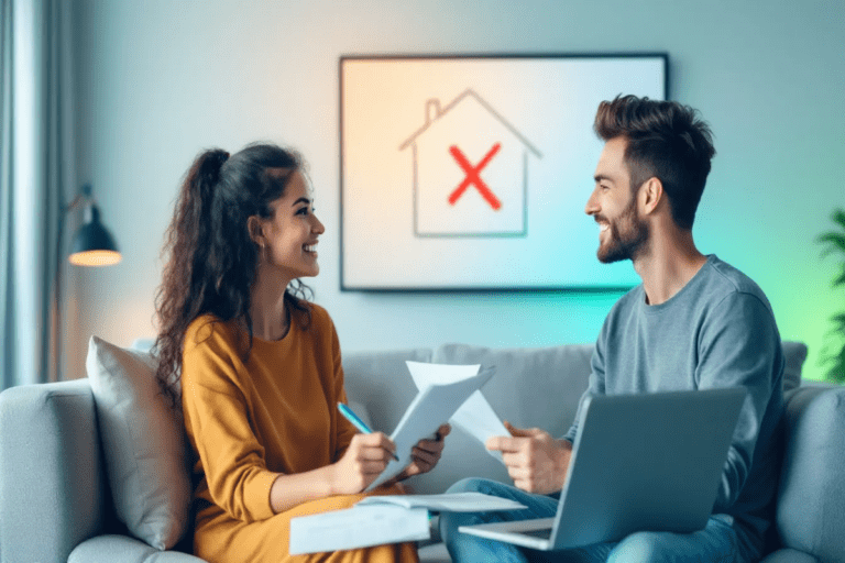Couple reviewing documents at home with house rejection symbol on screen in background