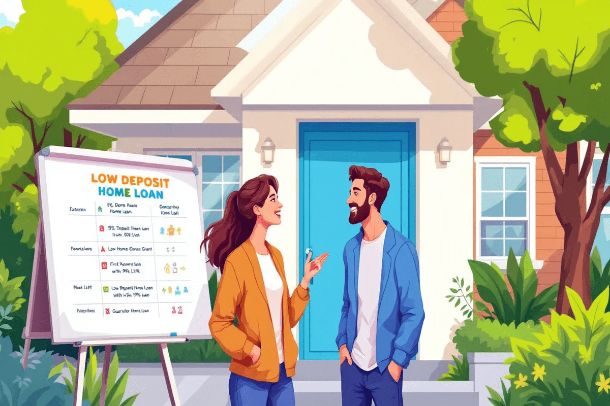 Couple standing in front of home discussing low deposit home loan options on display board