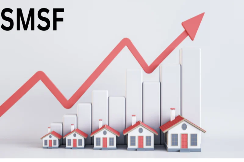 Rising property value graph with miniature houses representing SMSF property investment.