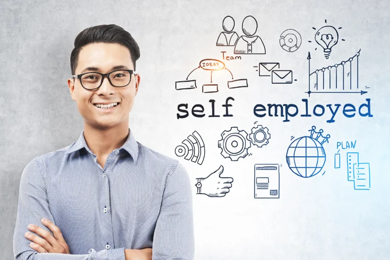 Confident self-employed individual standing against a wall with business icons.