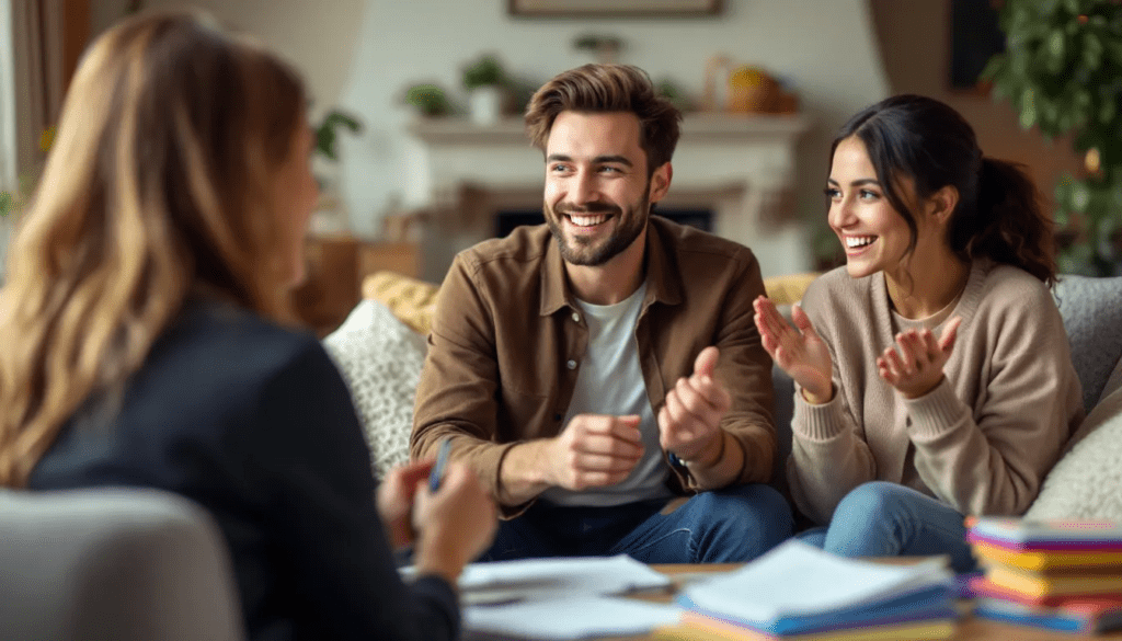 Happy couple celebrating loan approval during a meeting with their mortgage broker.