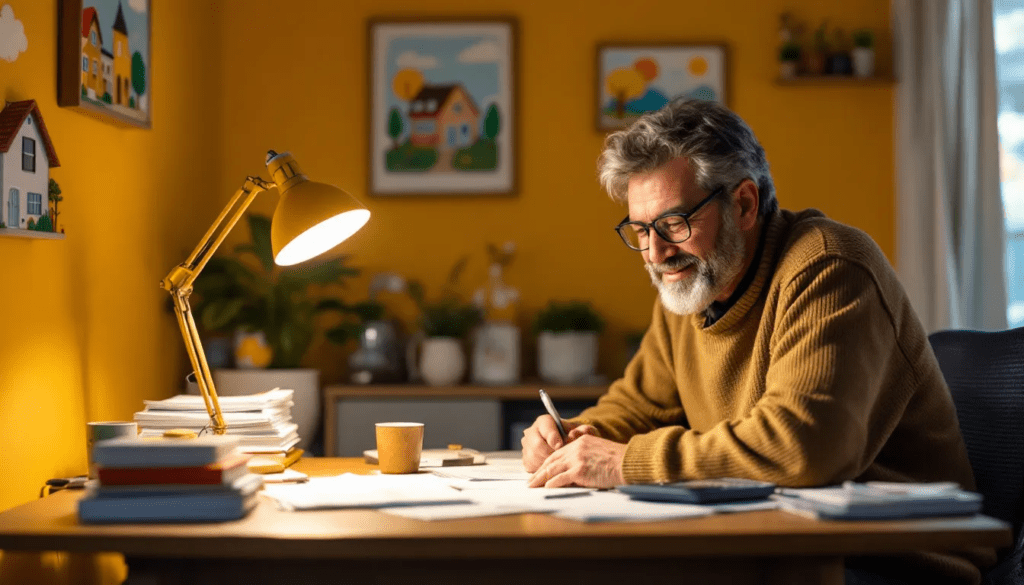 Mature man reviewing home buying documents at a desk, surrounded by paperwork and warm lighting in a home office setting.