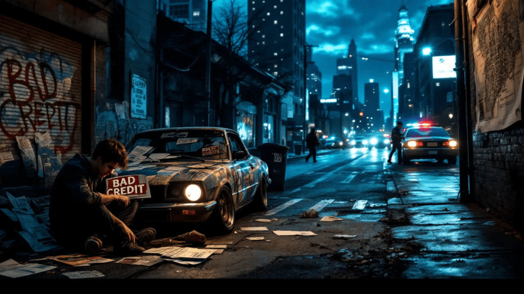 Person sitting beside a run-down car in a city alley, holding a "Bad Credit" sign, symbolising financial hardship and credit challenges.