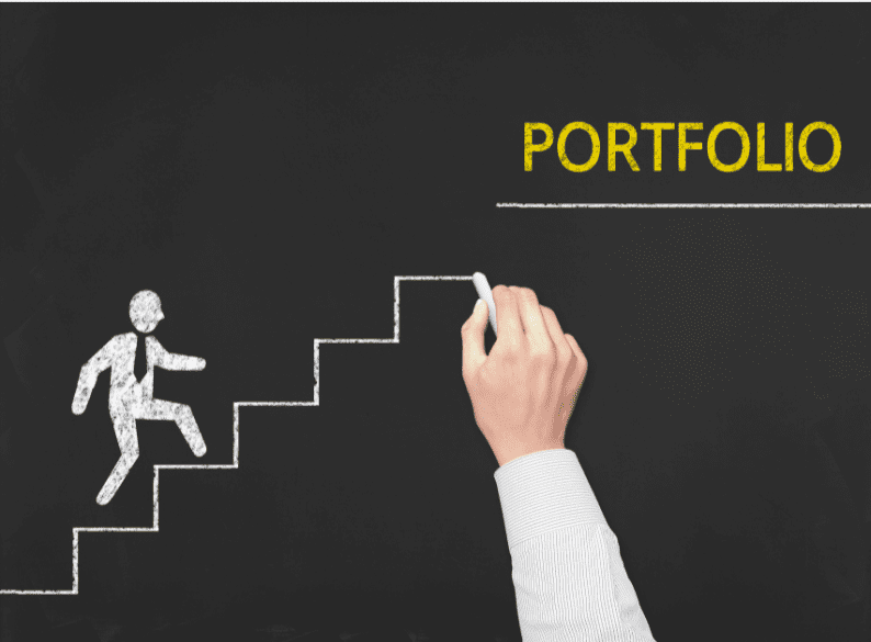 A chalkboard drawing of a person climbing stairs toward the word “PORTFOLIO,” symbolising investment growth and strategic wealth building.