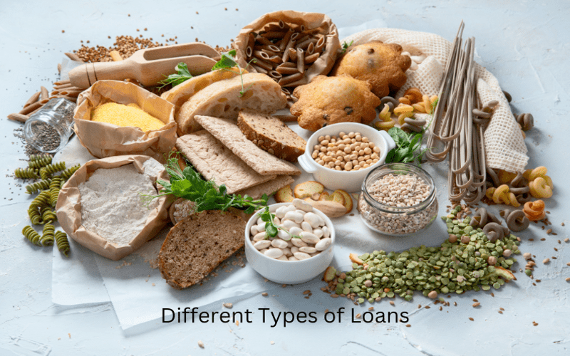 Various types of grains, pasta, and bread displayed on a table, symbolising different types of loans.