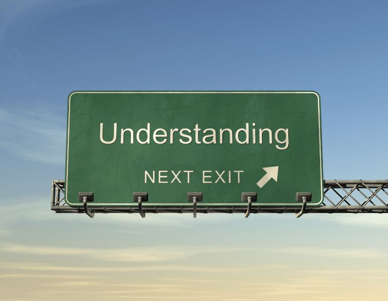 Green road sign reading "Understanding – Next Exit" under a clear sky, symbolizing learning or guidance ahead.