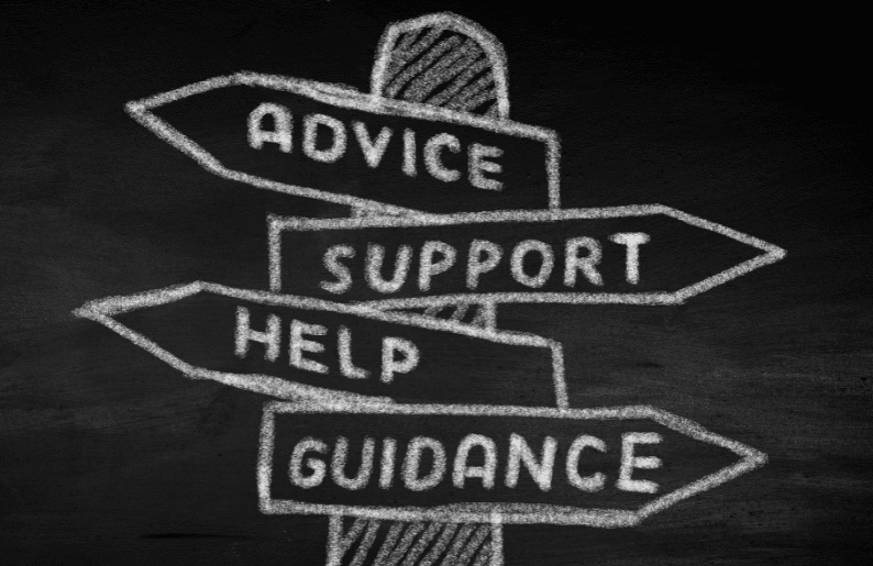 Chalkboard signpost with arrows labeled "Advice," "Support," "Help," and "Guidance," symbolising professional financial assistance.
