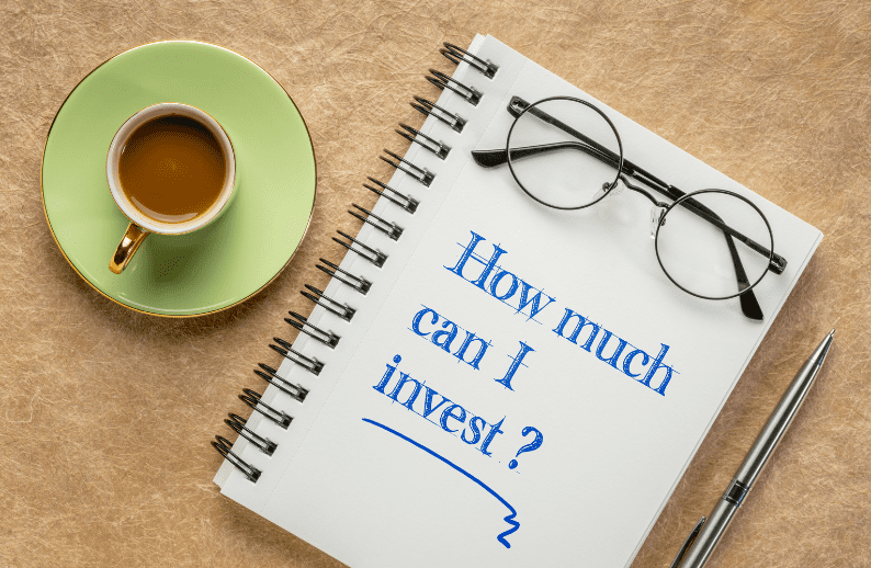A notebook with the handwritten phrase “How much can I invest?”, alongside glasses, a pen, and a cup of coffee—symbolising financial planning and investment decisions.