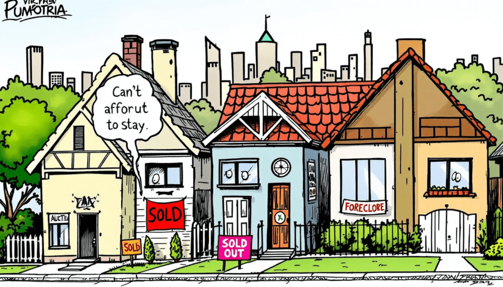 Cartoon illustration of houses with signs like “Sold,” “Foreclosure,” and “Sold Out,” including one house saying “Can’t afford to stay,” symbolising financial pressure on homeowners and investors.