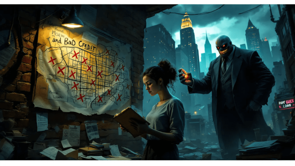 A young woman reads under a dim light in a dark alley, surrounded by papers and a map marked with red crosses, while a menacing figure looms behind her.