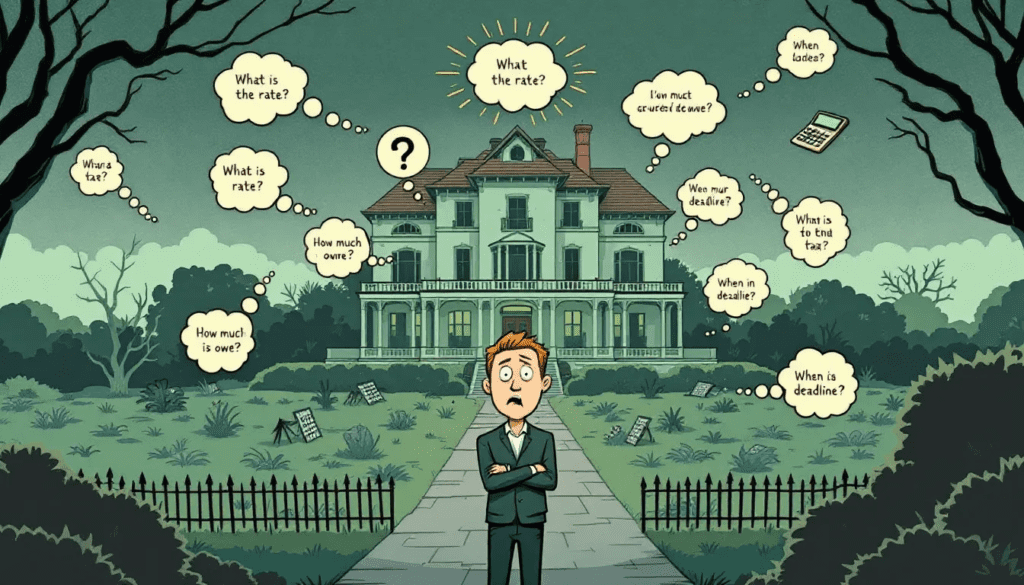Cartoon of a worried man standing in front of a large house, surrounded by thought bubbles asking questions about land tax rates, payments, and deadlines.