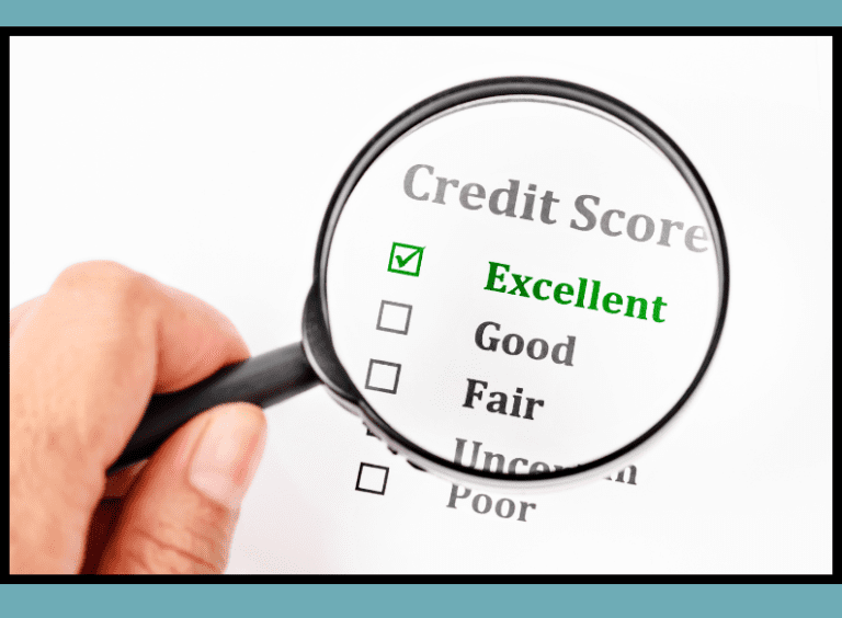 Credit score checklist with “Excellent” ticked, viewed through a magnifying glass.