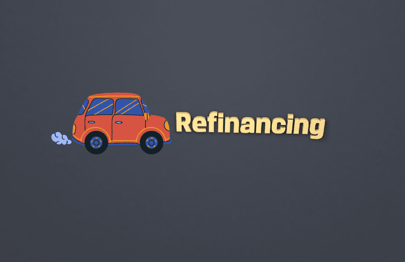 Cartoon car with the word "Refinancing" on a dark background.
