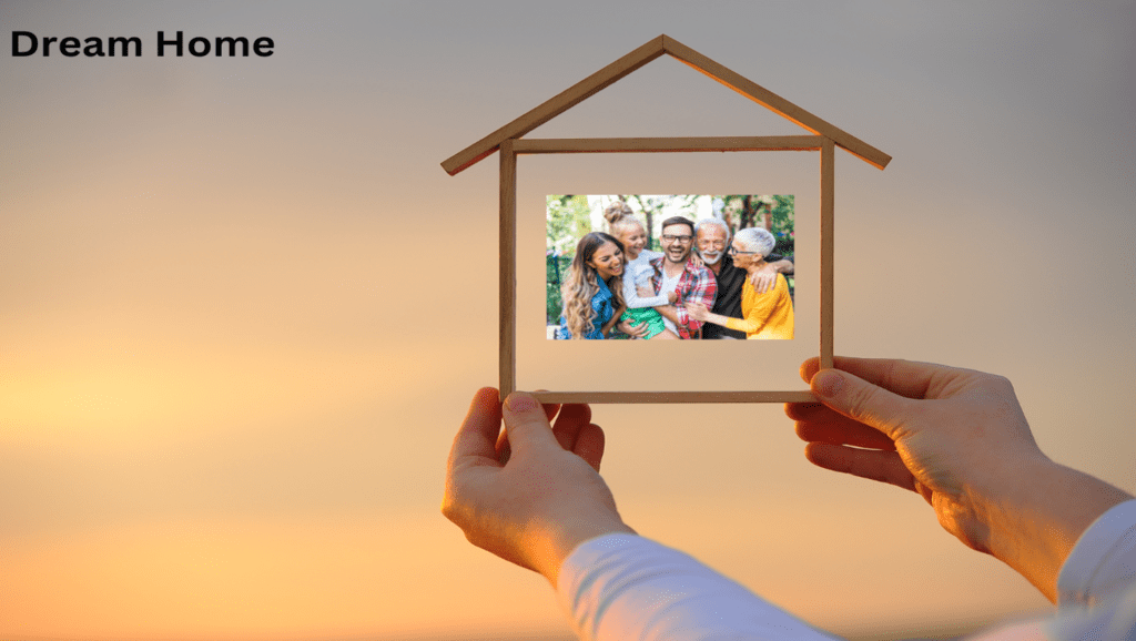 Hands holding a wooden house frame with a happy family photo inside, symbolising the dream of home ownership.