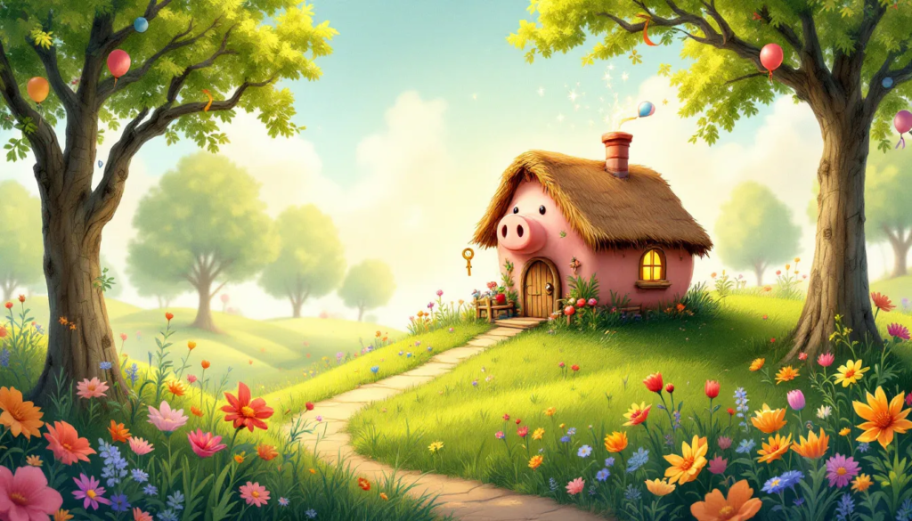 Fantasy piggy bank house in a vibrant meadow symbolising savings for homeownership.