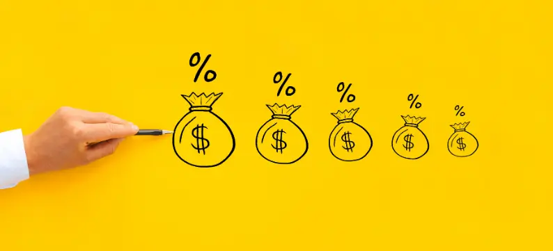 Hand drawing money bags with increasing percentage symbols