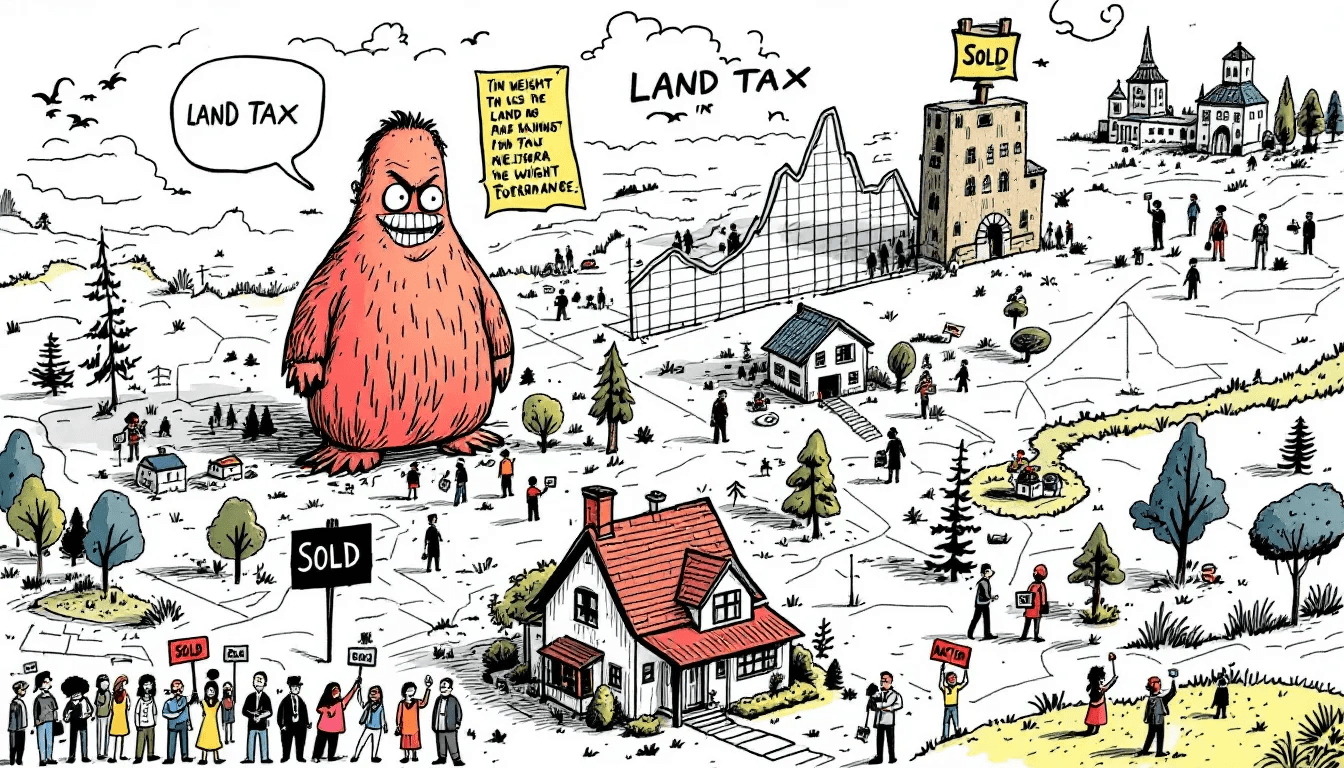Cartoon illustration of a large red creature labeled "Land Tax" towering over a suburban landscape, symbolising the growing burden of land tax in Victoria.