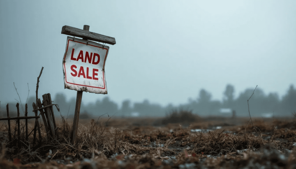 A weathered "Land Sale" sign in a barren field on a gloomy day, symbolising vacant land and the uncertainty surrounding land ownership costs.
