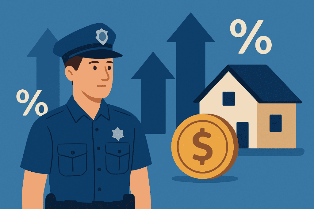 Flat illustration of a police officer comparing home loan interest rate options.
