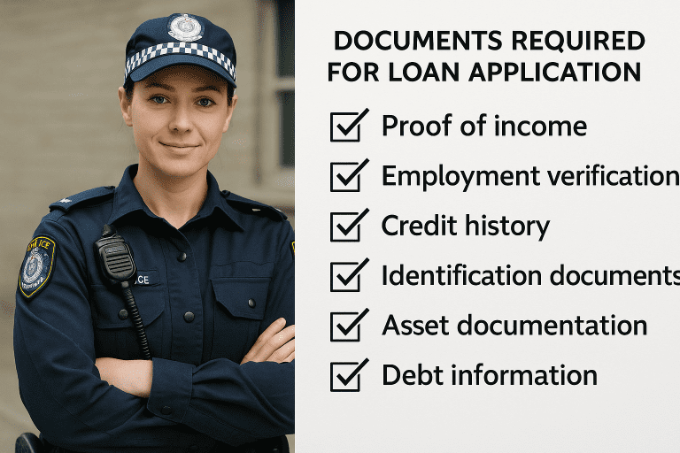 Australian female police officer beside a home loan document checklist illustration.