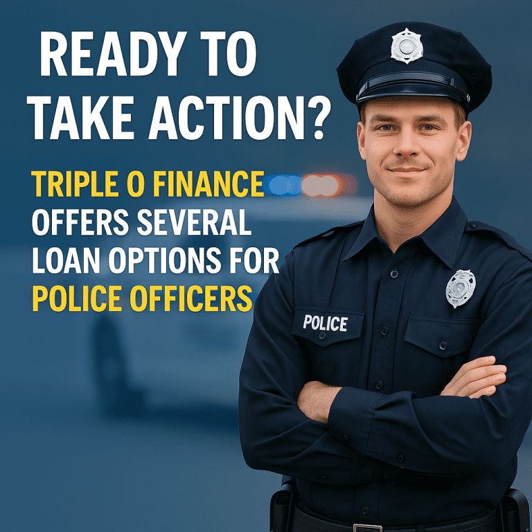 Caucasian male Australian police officer standing confidently with folded arms, symbolising readiness to take action on a home loan application.