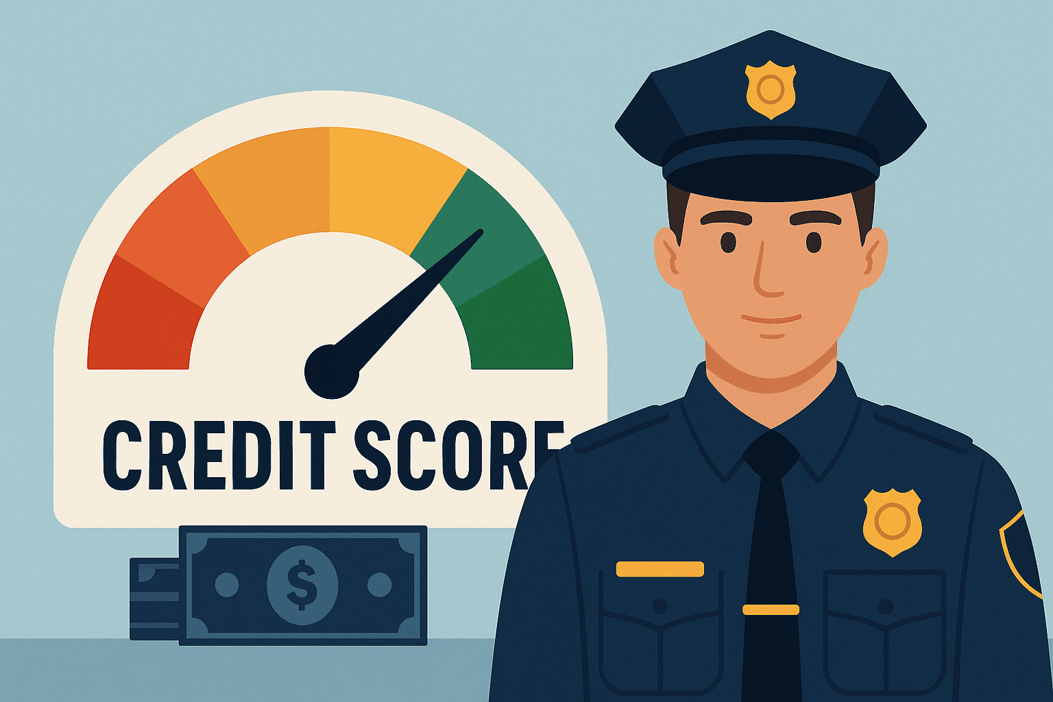 Illustration of a police officer evaluating credit score factors for a home loan application.