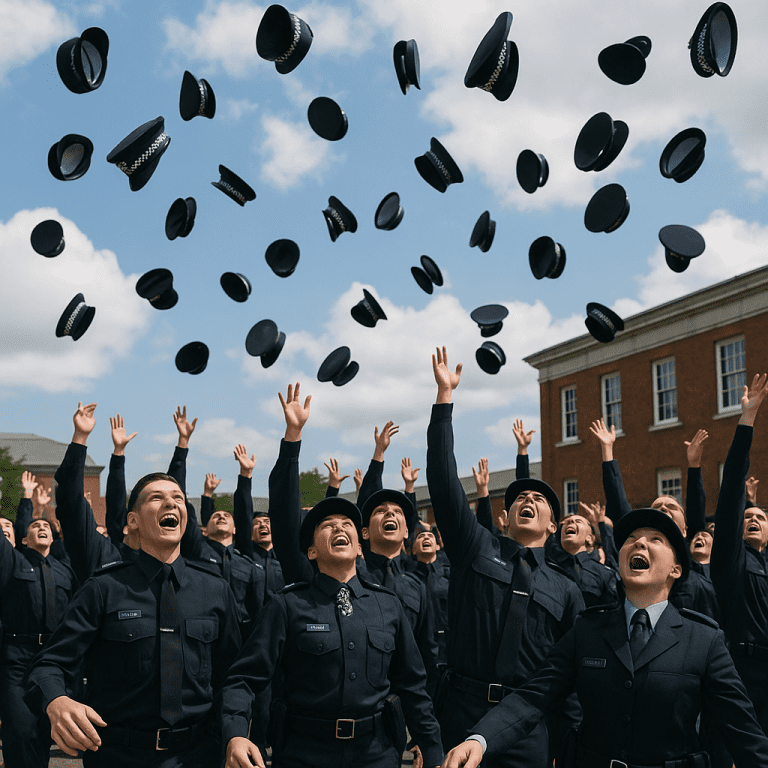 Police graduates celebrating by throwing their hats after completing academy training