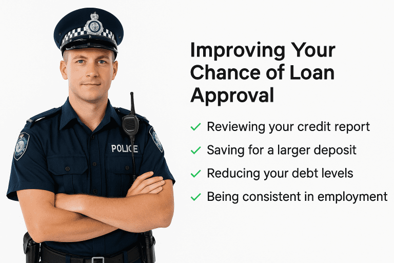Confident Australian police officer with thumbs up, symbolising improved home loan approval chances.