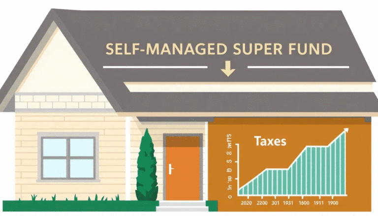 Illustration of a house labelled Self-Managed Super Fund with investment growth chart