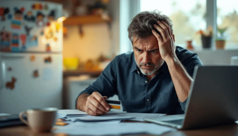Stressed middle-aged man reviewing credit card bills at home, showing the emotional weight of managing debt.