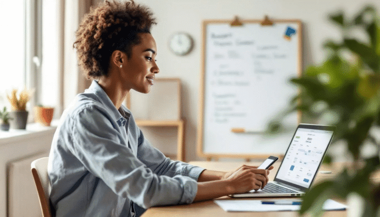 Confident woman planning her monthly budget using a mobile app, taking proactive steps to avoid future credit card debt.