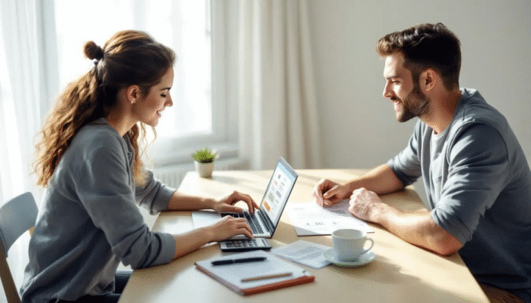 Focused couple reviewing their credit card repayment strategy using a calculator and laptop, taking proactive steps to reduce debt
