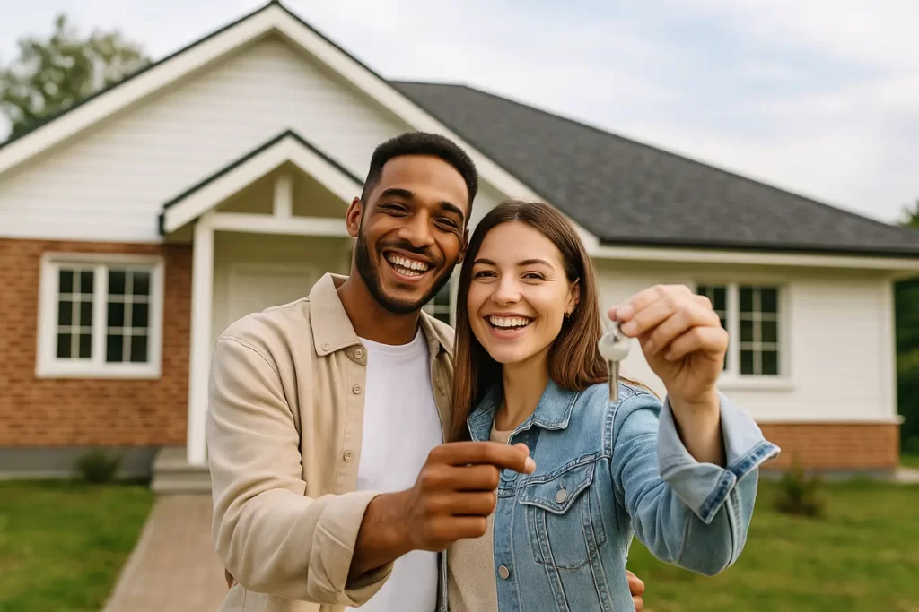 Happy couple standing proudly in front of their newly purchased home, celebrating a successful property purchase.