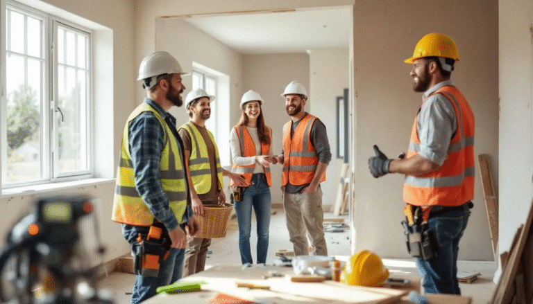 Construction team discussing renovation plans inside a residential property