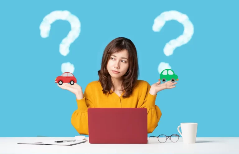 Woman comparing two car options while working on a laptop, with question marks in the background