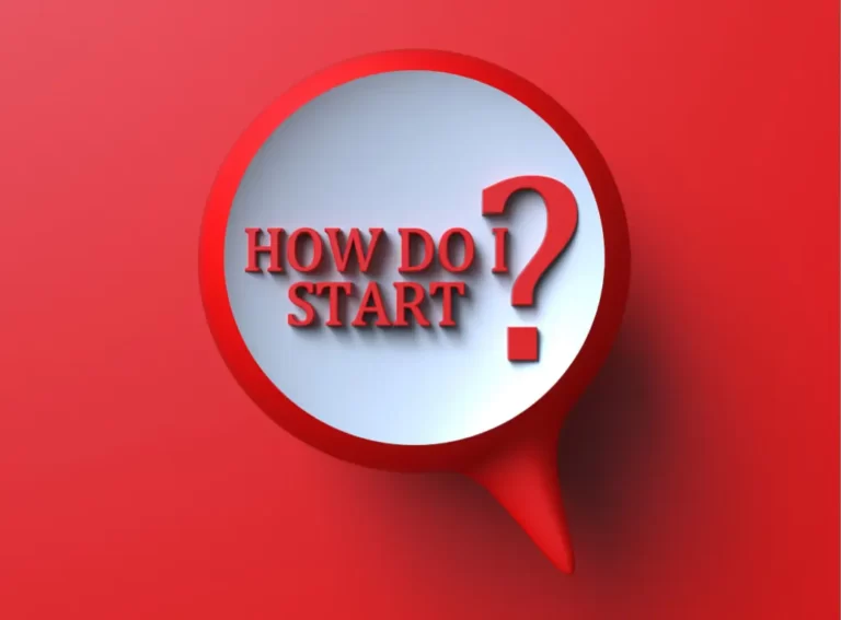 Speech bubble graphic on red background with the words “How do I start?” in bold red text