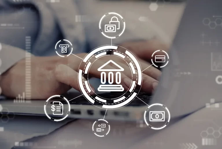Hands typing on a laptop with digital finance and banking icons, highlighting SMSF and fund control elements.