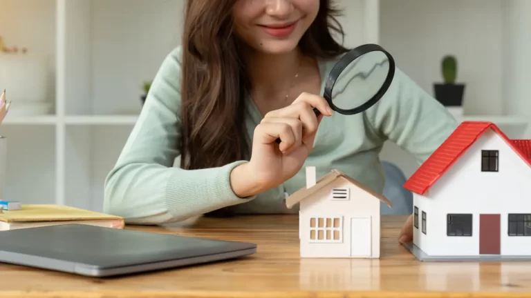 Smiling woman examining model houses with a magnifying glass, symbolising research and comparison of investment property loans.